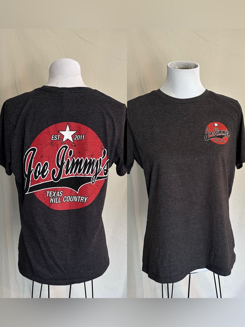 Joe Jimmy’s Texas Hill Country Bella Canvas Charcoal Tee with Red Logo Patch L